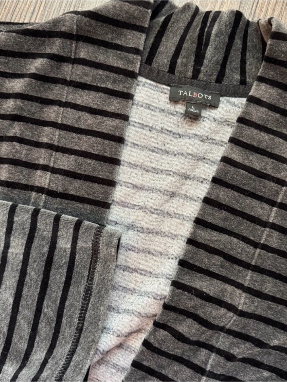 Talbots Cardigan Sweater Women’s Velour Black Gray Striped Open Size Large cozy
